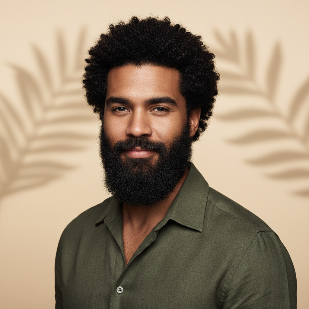 Man with a thick beard and curly hair